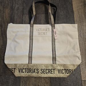 ✨️NEW Victoria's Secret Gold GLITTER and Cream Weekender Tote Bag